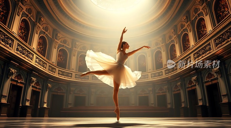 芭蕾舞者旋转在华丽大厅中