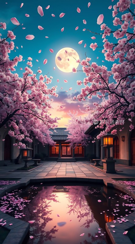 春夜月下樱花雨