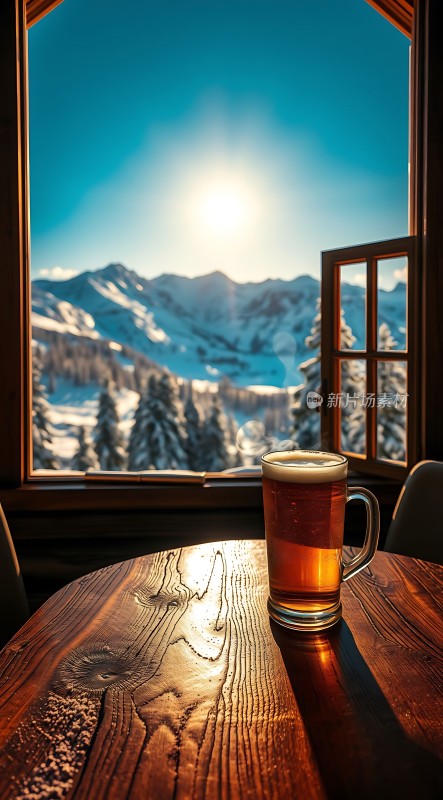阳光下的雪山美景与一杯啤酒