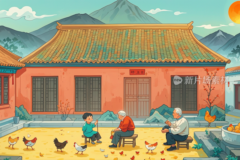 重阳节温馨的老人和睦的家庭重阳节创意插画