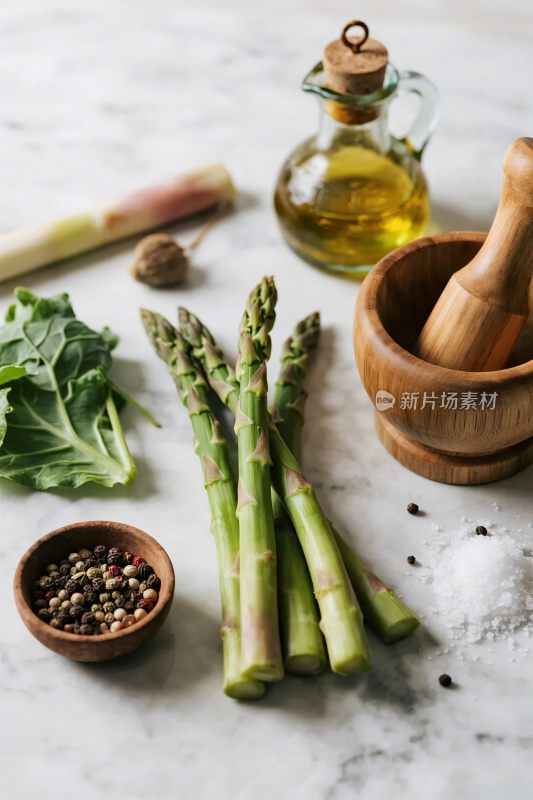 新鲜蔬菜与烹饪工具摆放图