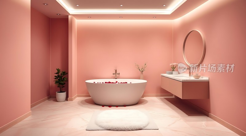 粉色浴室浴缸、洗手台与绿植营造温馨氛围