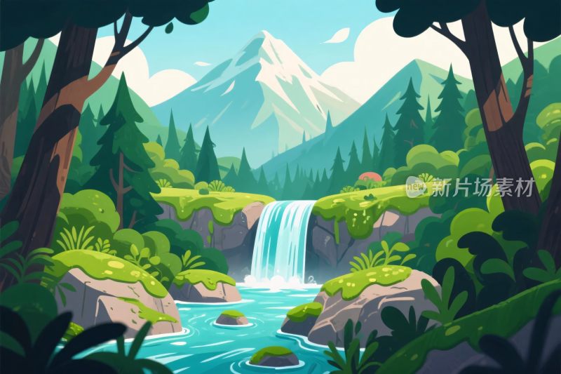 森林瀑布山水风景插画