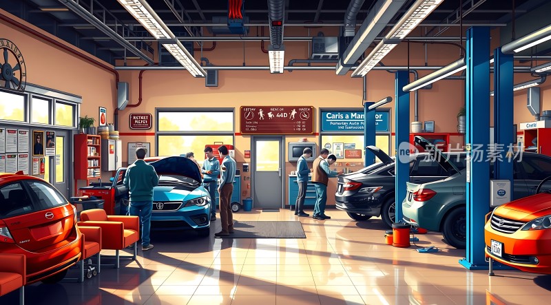汽车维修车间内的繁忙景象