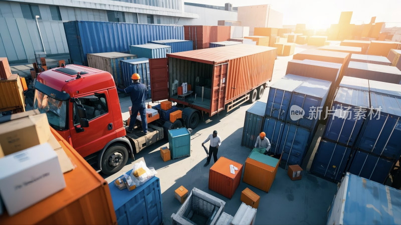物流中心正在装箱的集装车