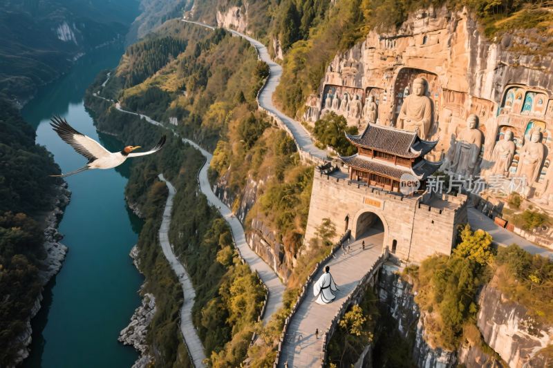 峡谷古建山水风光