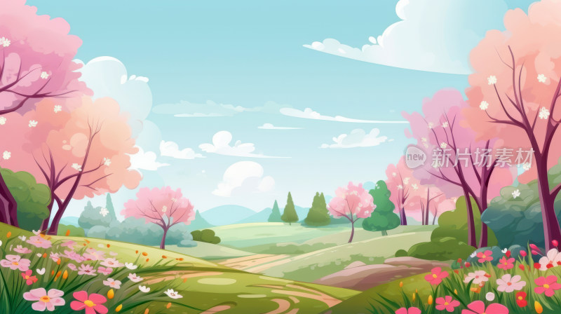 春日春天田园风光自然风景卡通插画