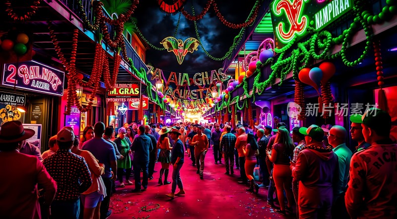 狂欢节之夜霓虹灯下的街头派对