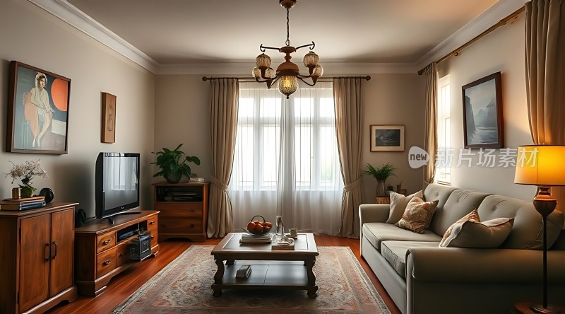 温馨客厅舒适沙发精美装饰画优雅吊灯自然光线和谐布局