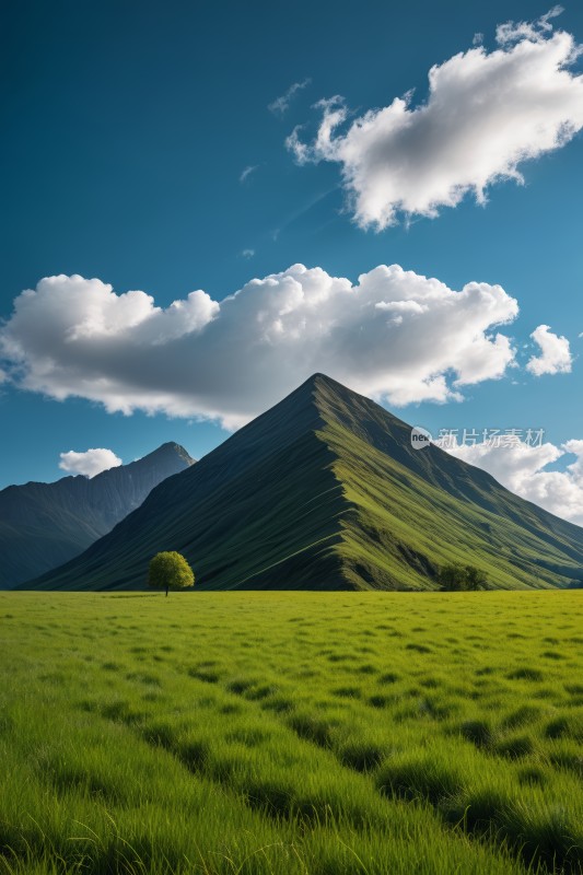 山中央一棵孤树的草地高清图片