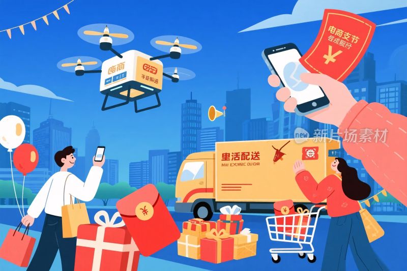 快递无人机配送插画场景
