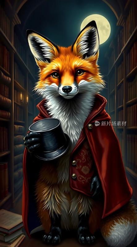 狐狸绅士在书架前