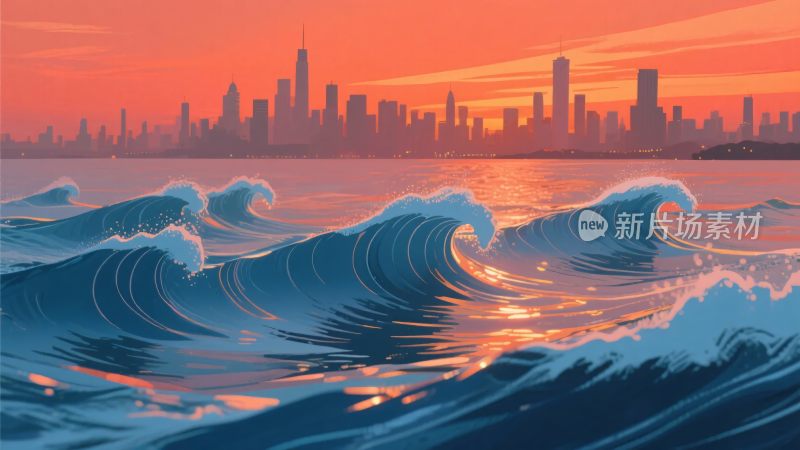 夕阳下城市与海浪景观