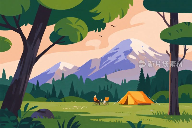 森林中的露营场景插画