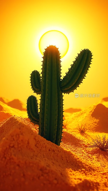 沙漠夕阳下的坚韧仙人掌