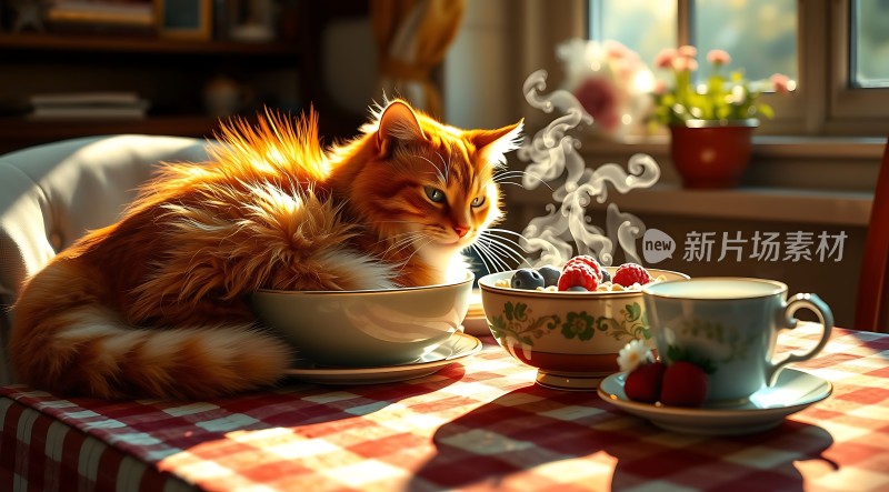阳光下的橘猫与早餐