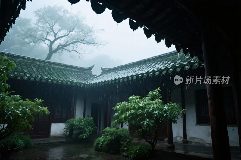 中式古建雨景庭院