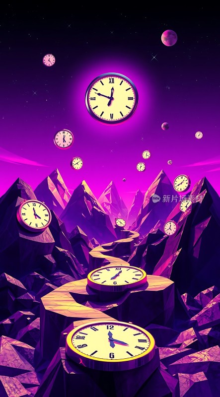 紫色时空之旅时钟与山脉的奇幻旅程