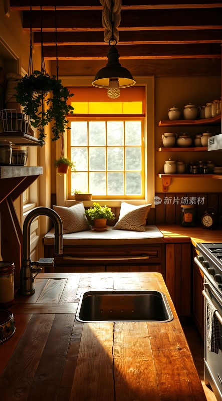 阳光洒满温馨厨房绿植点缀木制家具