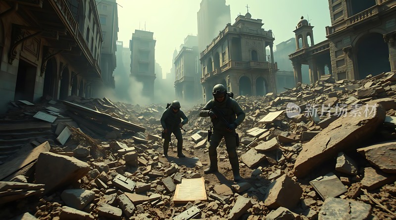 废墟中的战士探索被摧毁的城市