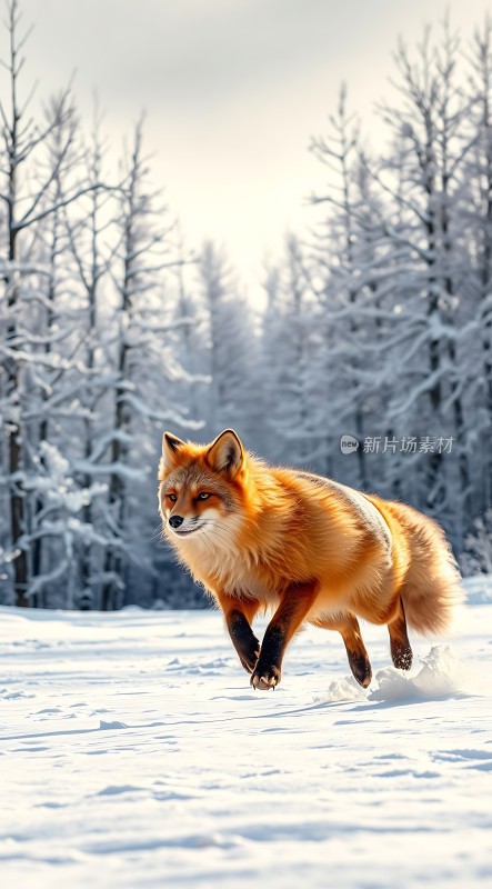 雪地红狐奔跑