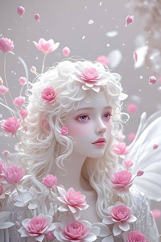 白色长发仙女与粉色花朵