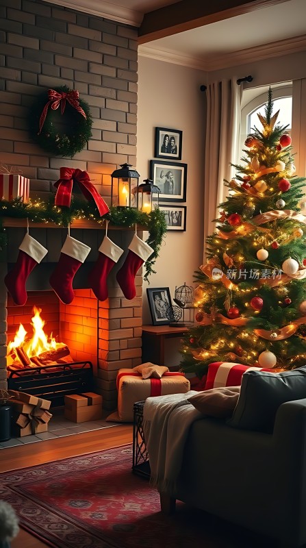 圣诞树与壁炉温馨装饰