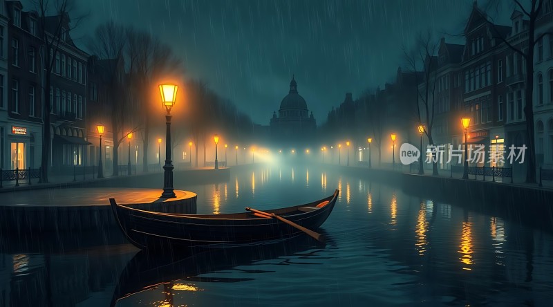 雨夜船影映水乡