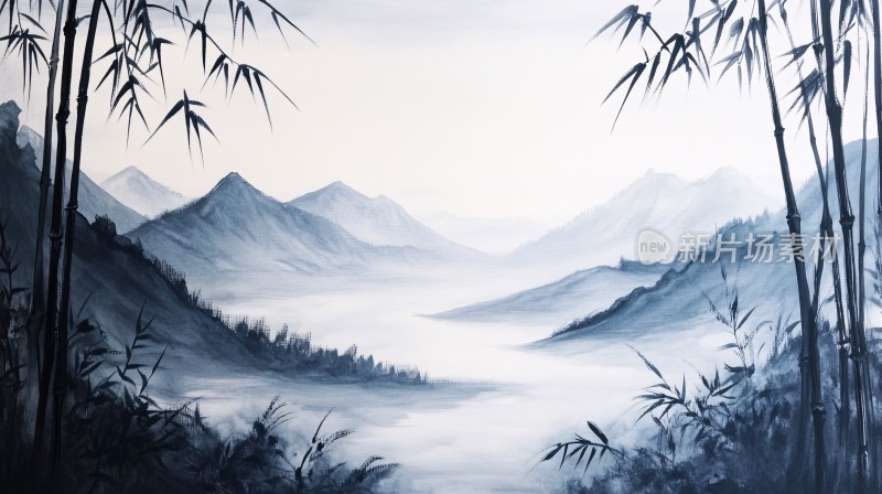 意境竹林山水画