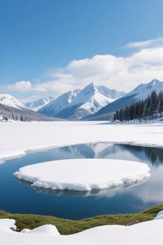 冬季雪山湖泊雪景图