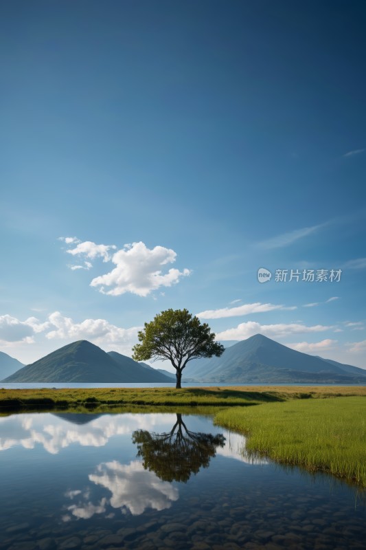湖中央一棵孤树高清图片