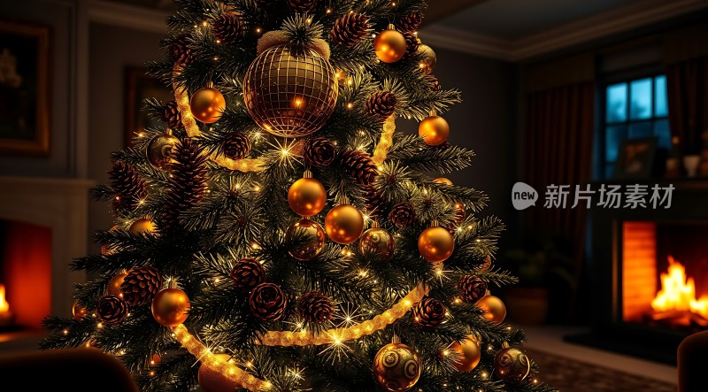 温馨圣诞树下的温暖壁炉
