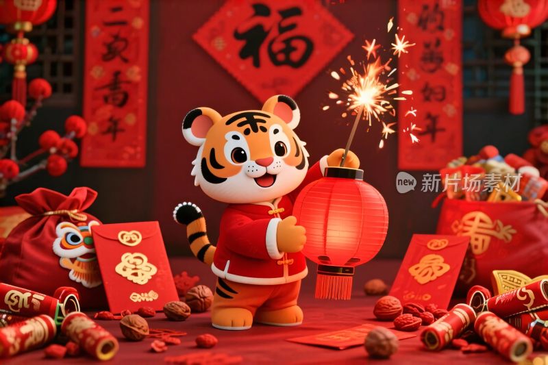 春节卡通老虎喜庆场景