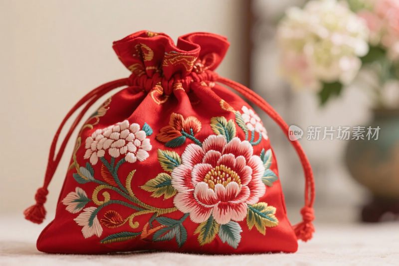 红色绣花荷包袋