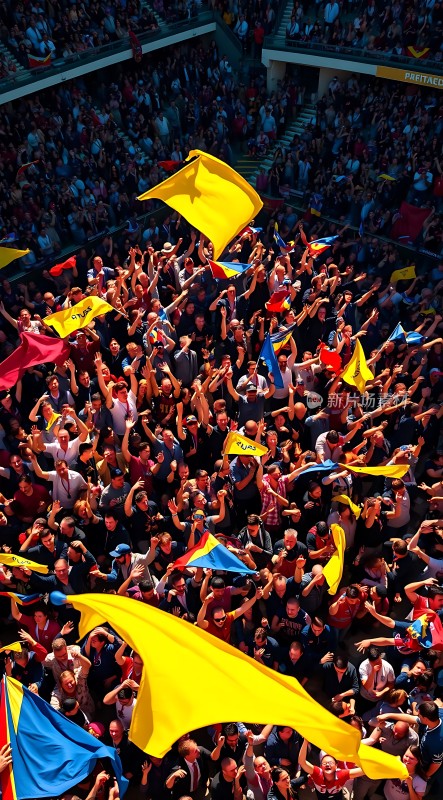 热情观众挥舞旗帜现场气氛热烈