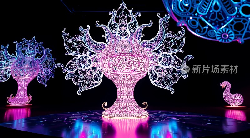 霓虹灯下的梦幻花瓶艺术展