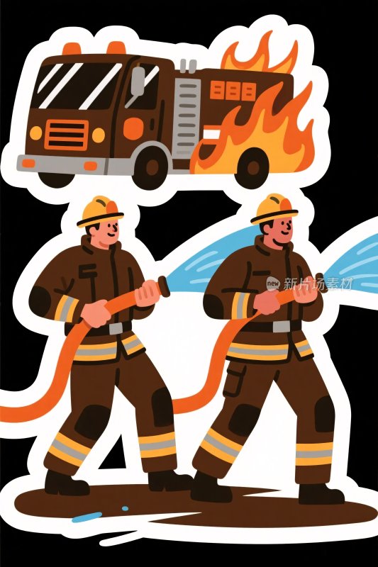 消防员与消防车卡通插画