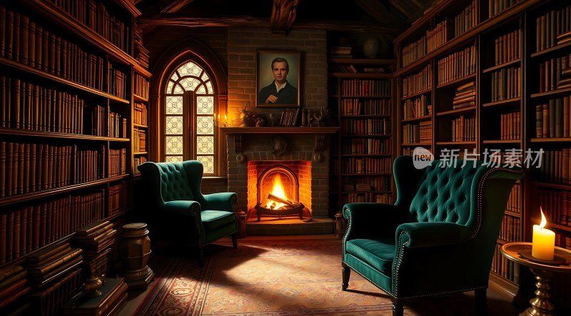 古色古香书房绿椅壁炉书架环绕