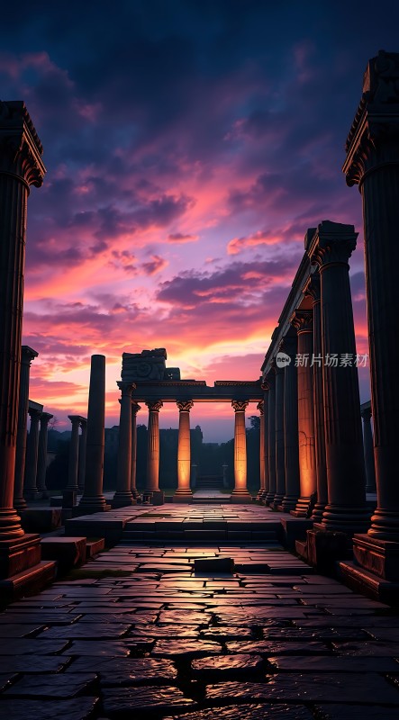 日落下的古老遗迹