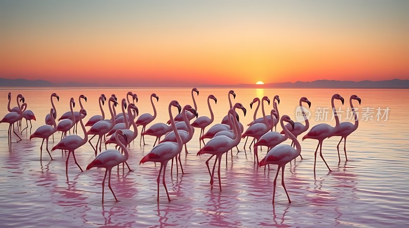 火红夕阳映照粉羽群鹤