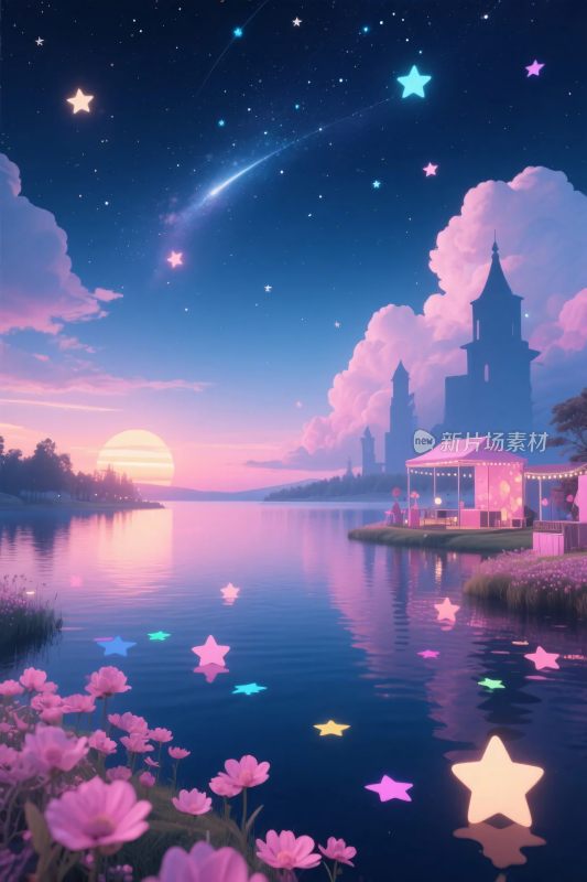 梦幻星空湖景插画