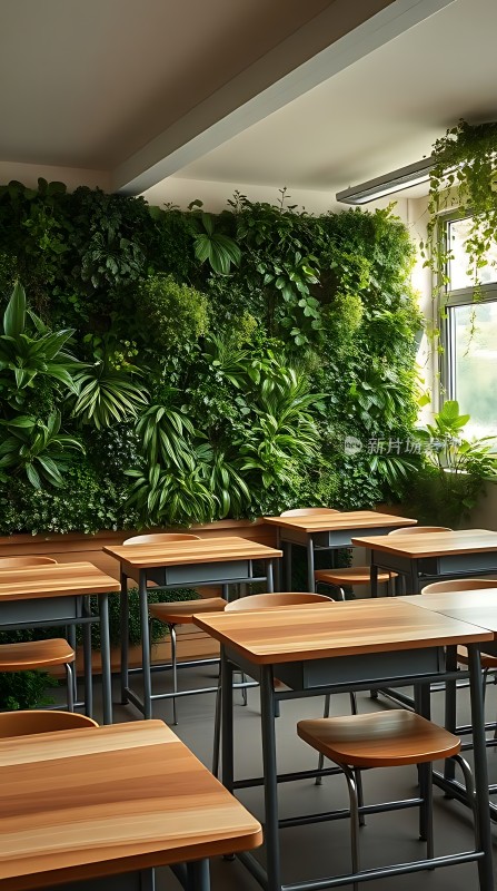 教室一角绿意盎然木制桌椅与生机勃勃的植物墙相映成趣