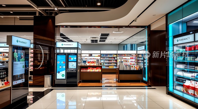 现代药店设计明亮整洁的环境药品陈列整齐电子屏展示信息