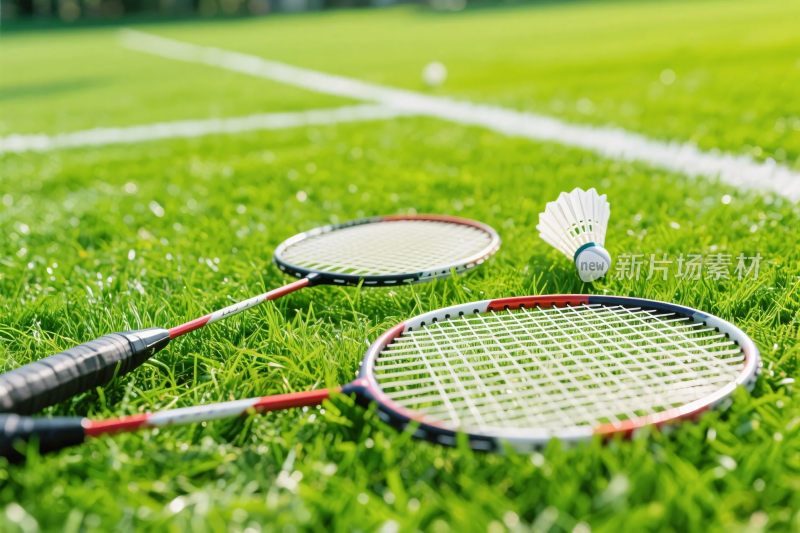 草地上的羽毛球拍羽毛球