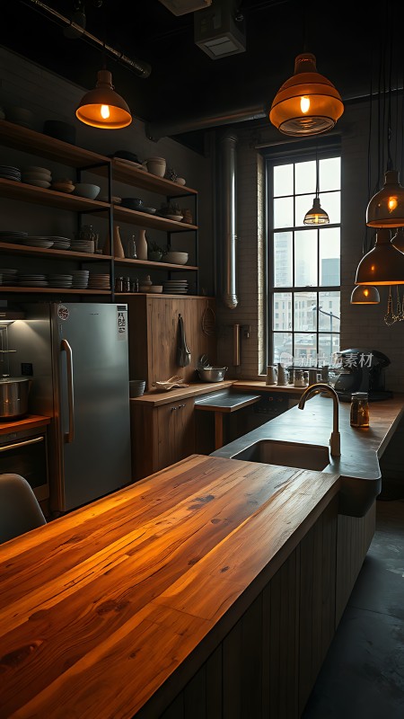 温馨厨房木质台面与吊灯营造舒适氛围