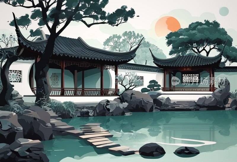 苏州园林水墨画