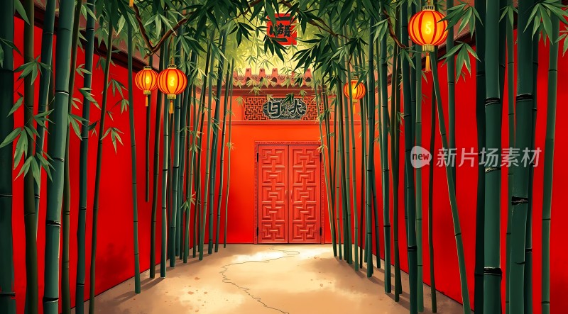竹影婆娑映红墙灯笼高挂迎宾客