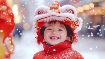 中国新年春节元宵节儿童带舞狮帽开心的笑