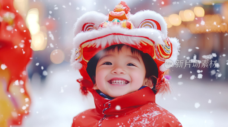 中国新年春节元宵节儿童带舞狮帽开心的笑