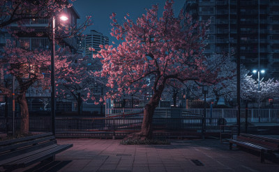 夜晚公园里盛开的樱花树